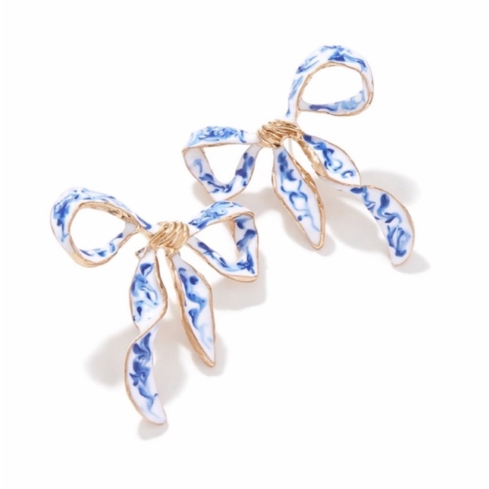 New! Blue Oil Drip Porcelain Bow Gold Earrings (3005)